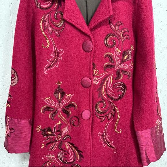 CoVelo Jackets & Coats Coveli Size Small Red Pink Wool Mid Length Boiled Wool Embroidered